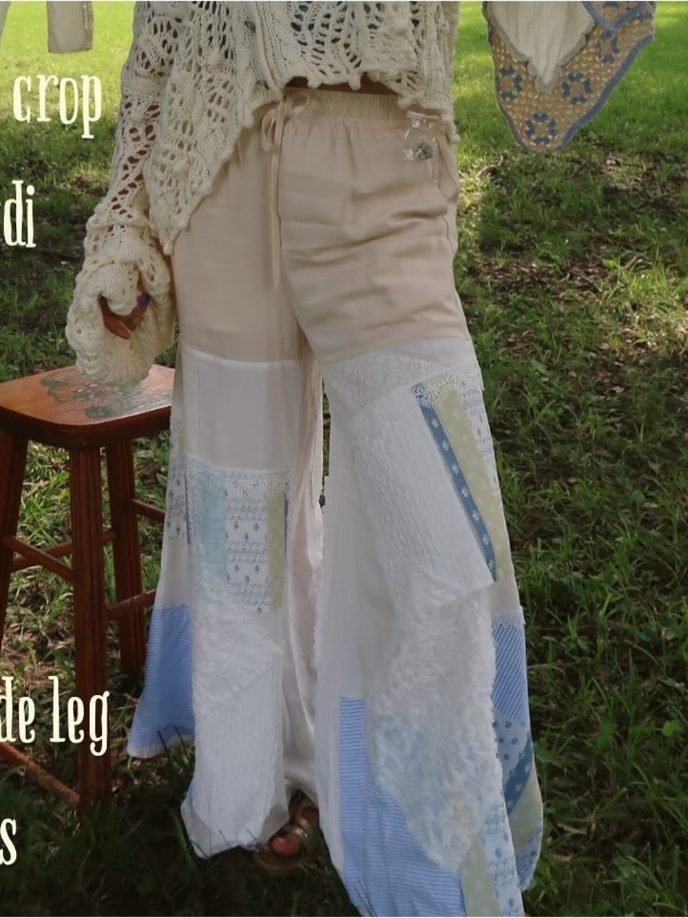🌷 Boho Patchwork Wide-Leg Pants in Cream & Light Blue